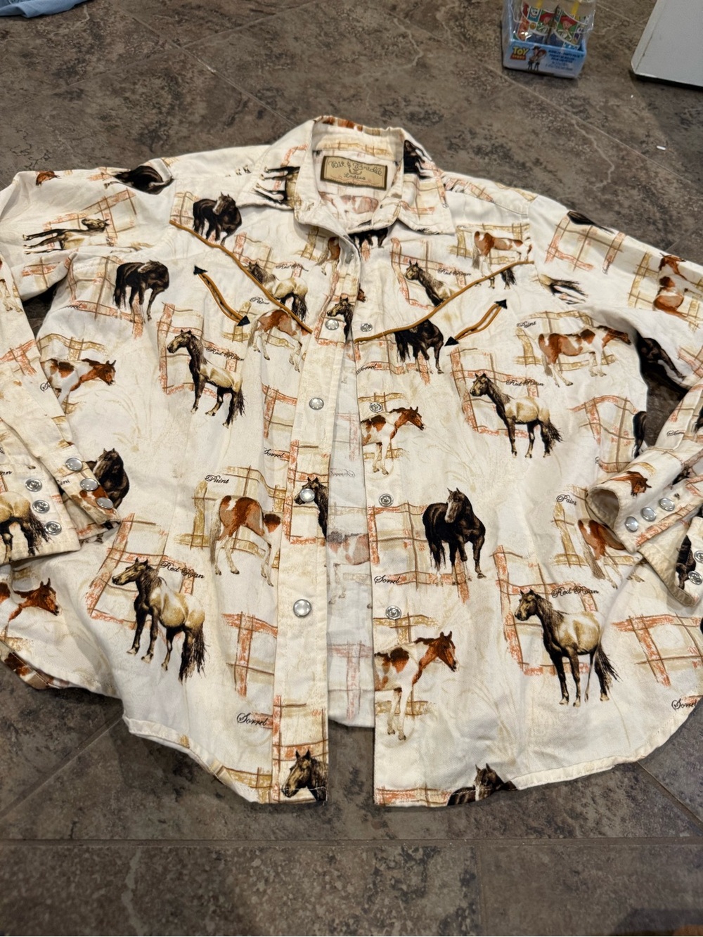 🥦Western Bit and Bridle Horse Print Snap-Front Shirt little stain see last image